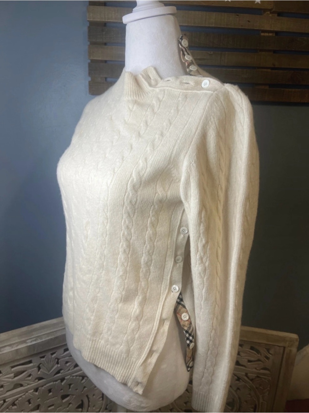Burberry Golf Cream Cable-Knit Button-Side Crew Sweater